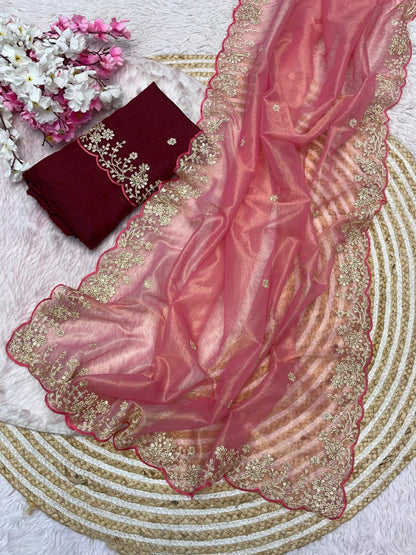 Pista Color Twill Net With Jalpari with Work Saree