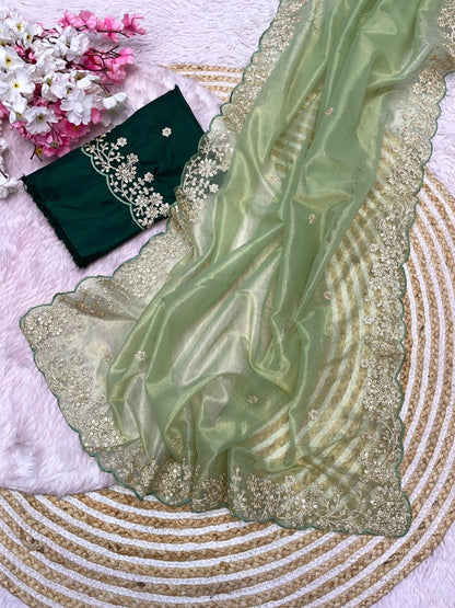 Pista Color Twill Net With Jalpari with Work Saree