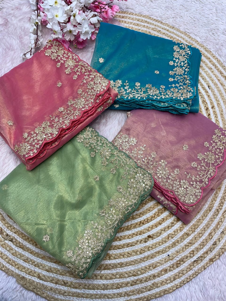 Pista Color Twill Net With Jalpari with Work Saree