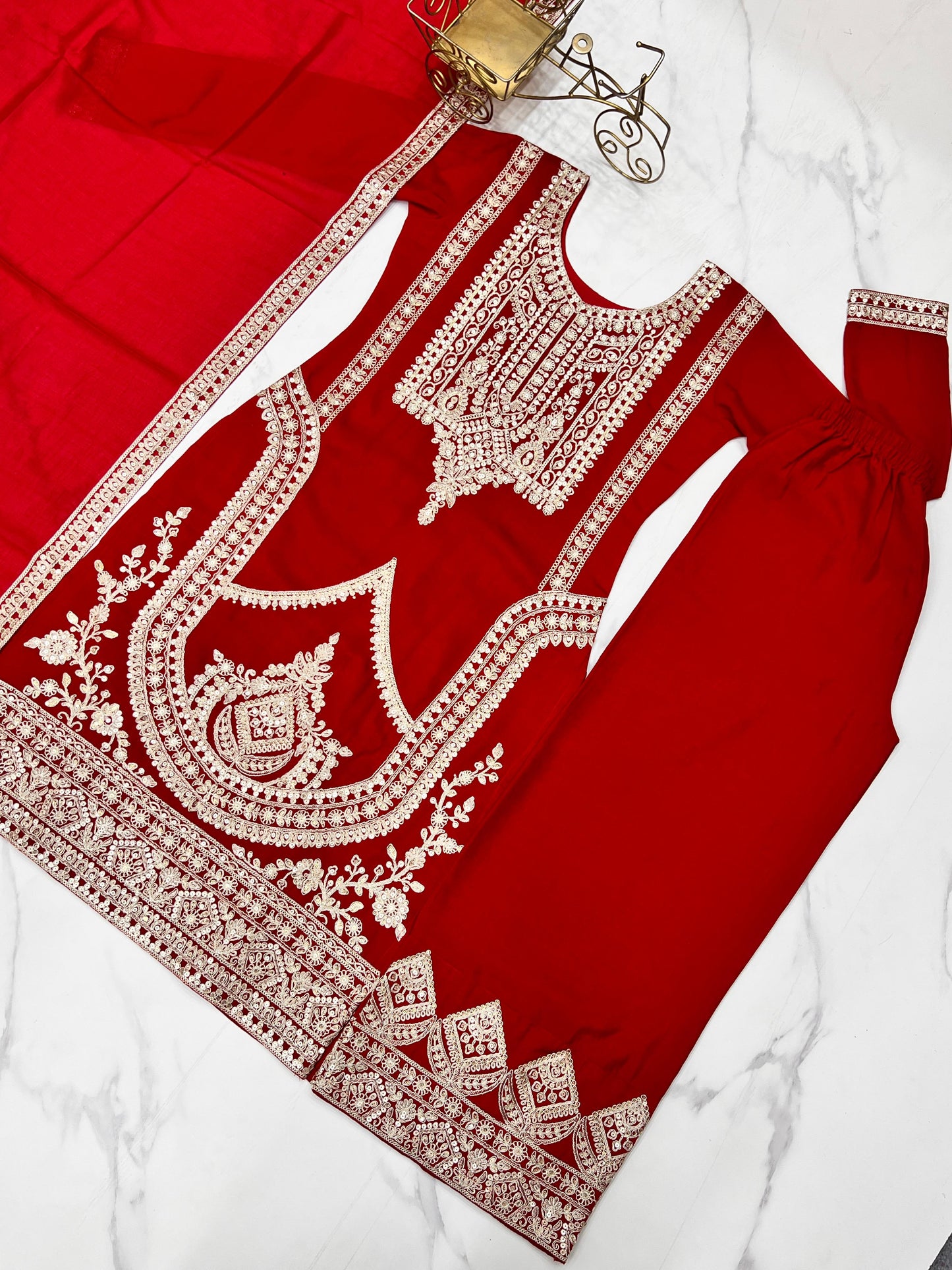 Red Pure Vichitra Silk With Embroidery Dori work 3pc Kurta Set