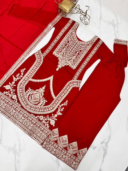 Red Pure Vichitra Silk With Embroidery Dori work 3pc Kurta Set