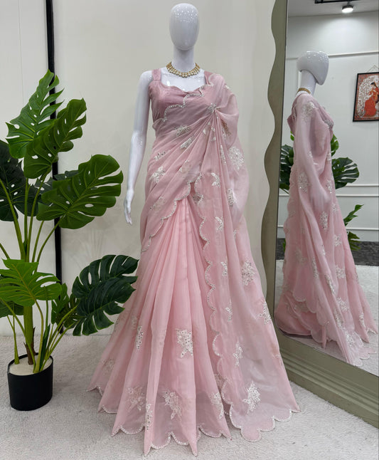 Baby Pink Heavy Zimmy Chu Thread Sequins Work Saree