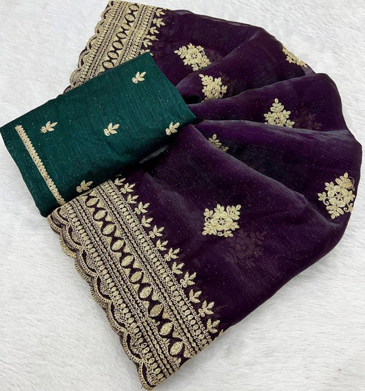 Candy Chiffon With Multi-Coding Embroidery Work Saree