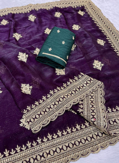 Candy Chiffon With Multi-Coding Embroidery Work Saree