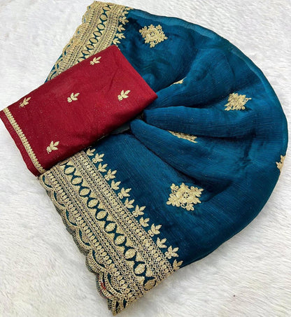 Candy Chiffon With Multi-Coding Embroidery Work Saree