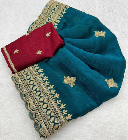 Candy Chiffon With Multi-Coding Embroidery Work Saree