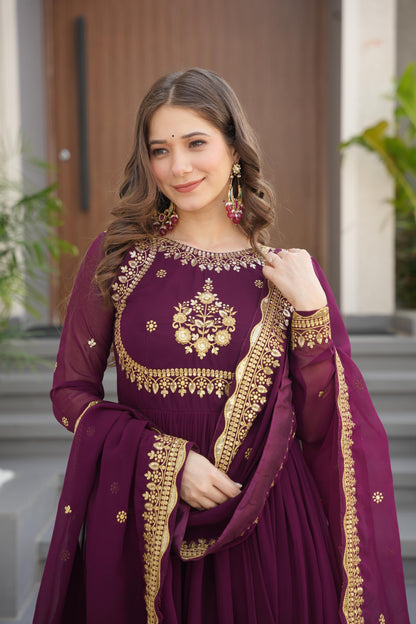 Wine Georgette With Zari Thread & Sequins Embroidery Gown With Dupatta
