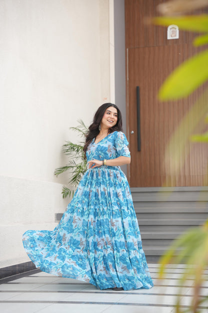 Printed Design Half Sleeves Gown