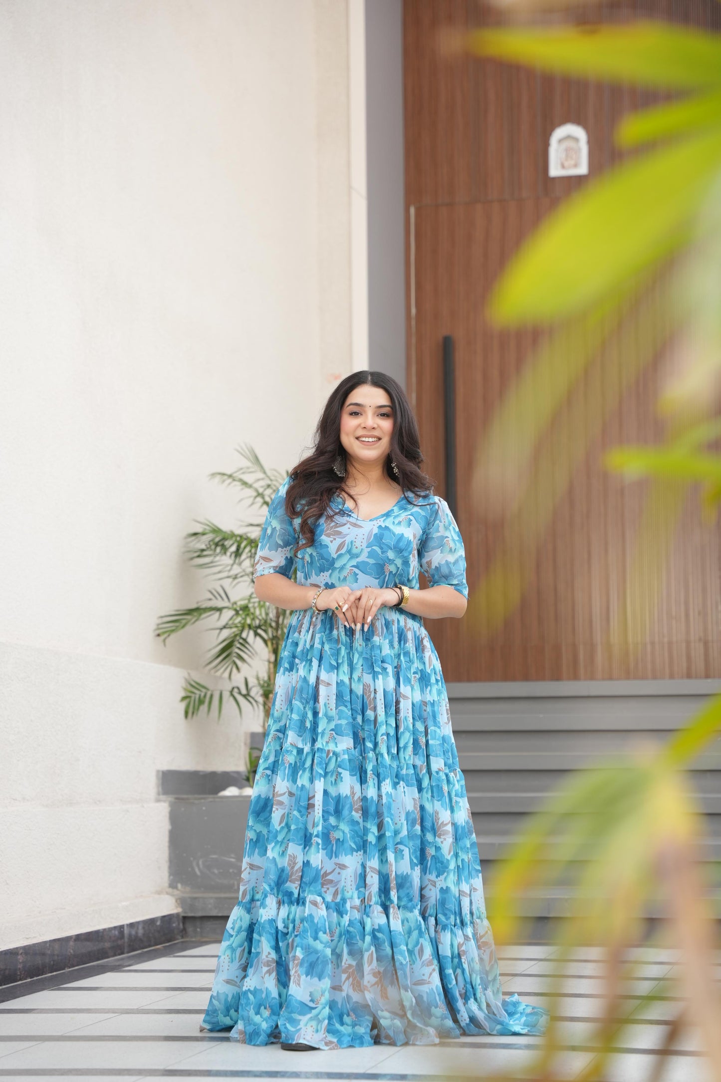 Printed Design Half Sleeves Gown