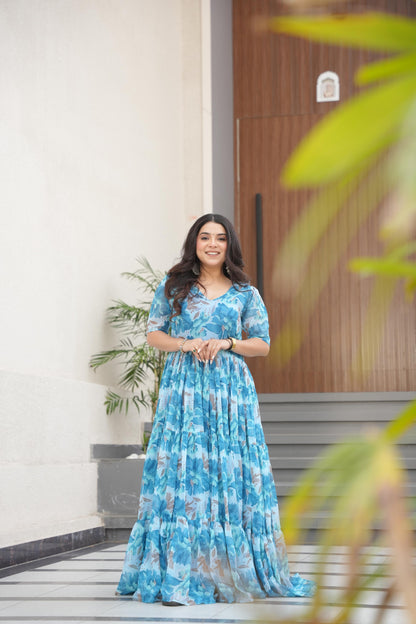Printed Design Half Sleeves Gown