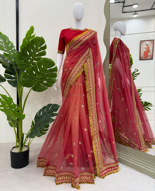 Red Twill Net Sequin Embroidery With Fancy Lace Saree