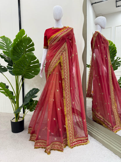 Red Twill Net Sequin Embroidery With Fancy Lace Saree