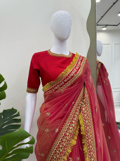 Red Twill Net Sequin Embroidery With Fancy Lace Saree