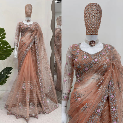 Pink Orange Soft Net Sequin Embroidered