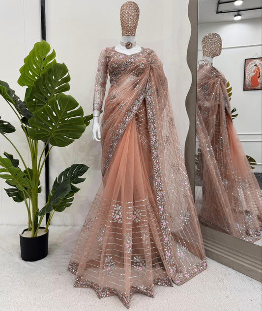 Pink Orange Soft Net Sequin Embroidered