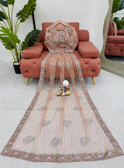 Pink Orange Soft Net Sequin Embroidered