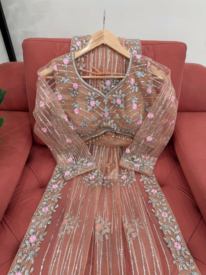 Pink Orange Soft Net Sequin Embroidered