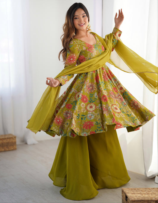 Mahendi Romansilk Chanderi with Discharge Print Kediya kurta Set