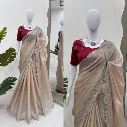 Cream Premium Jimmy Chu Elegant Thread Work Saree