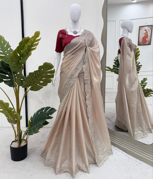 Cream Premium Jimmy Chu Elegant Thread Work Saree