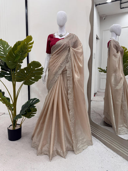 Cream Premium Jimmy Chu Elegant Thread Work Saree