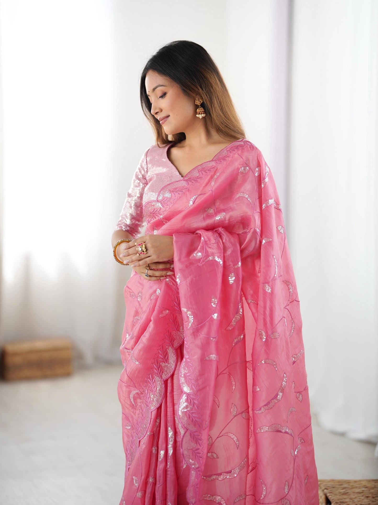 Gold Crush Sequin Embroidery Work Saree