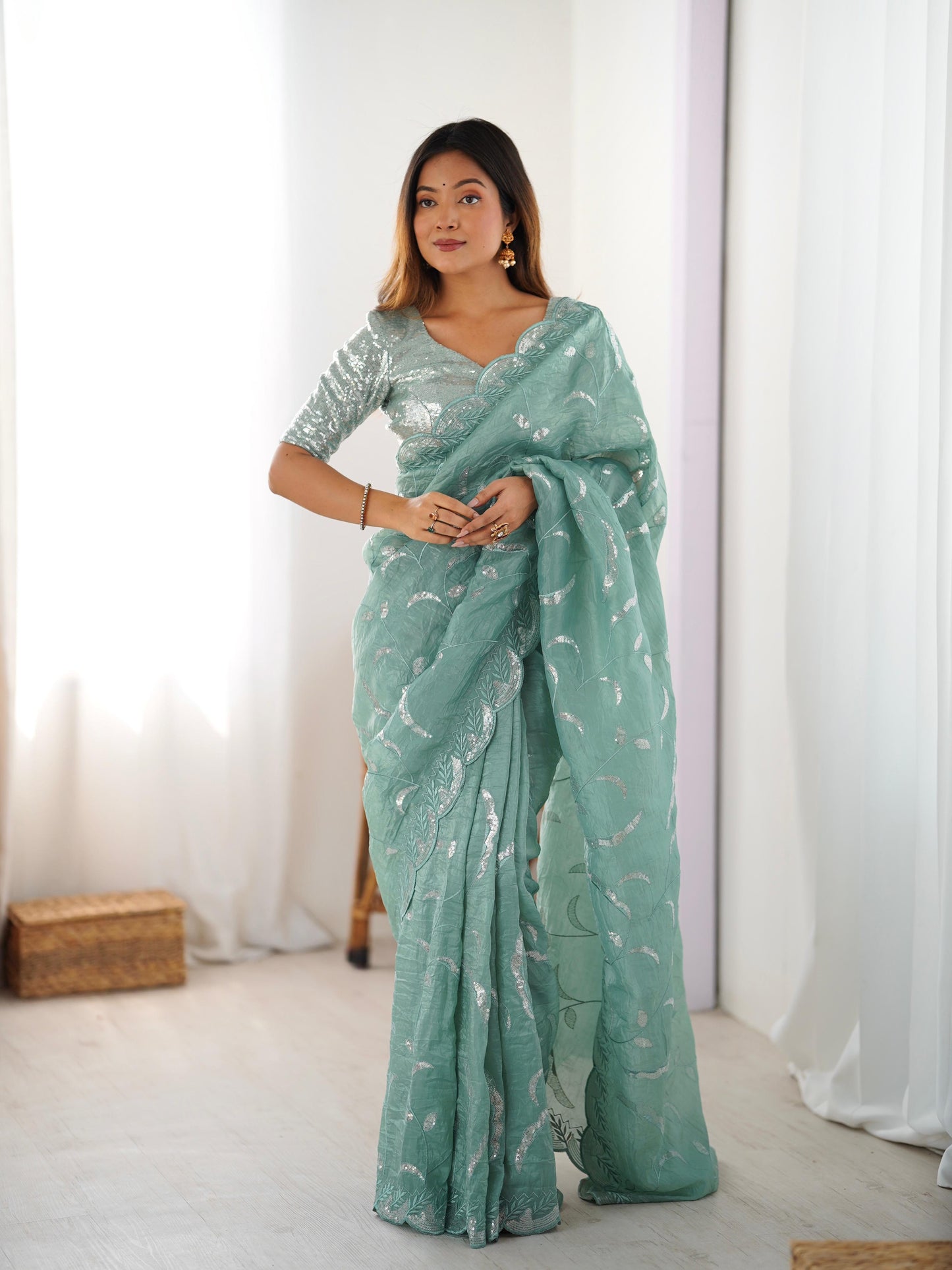 Gold Crush Sequin Embroidery Work Saree