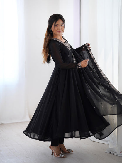 Black Soft Fox Georgette With Fancy Embroidery 3pc Kurta Set
