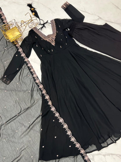 Black Soft Fox Georgette With Fancy Embroidery 3pc Kurta Set
