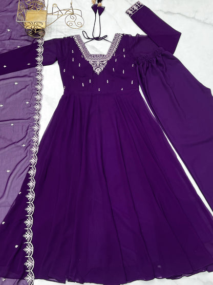 Purple Soft Fox Georgette With Fancy Embroidery 3pc Kurta Set