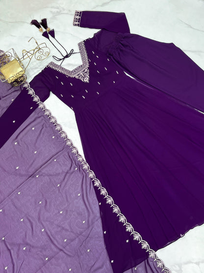 Purple Soft Fox Georgette With Fancy Embroidery 3pc Kurta Set
