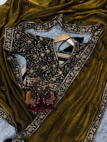 Brown Space Silk Sequins and Zari Embroidery Work Saree