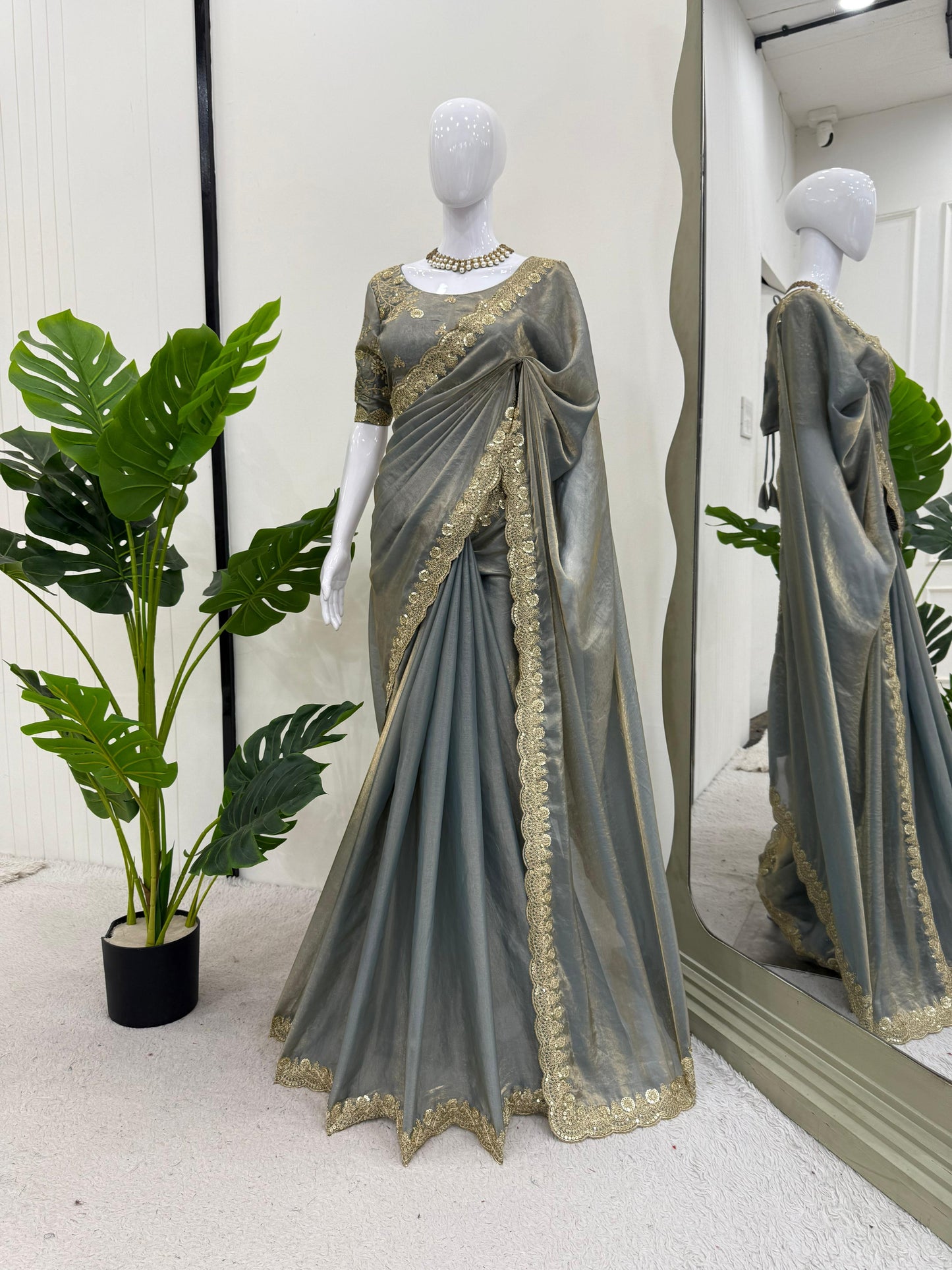 Gray color Fendi Silk Coding & Sequins Work Saree