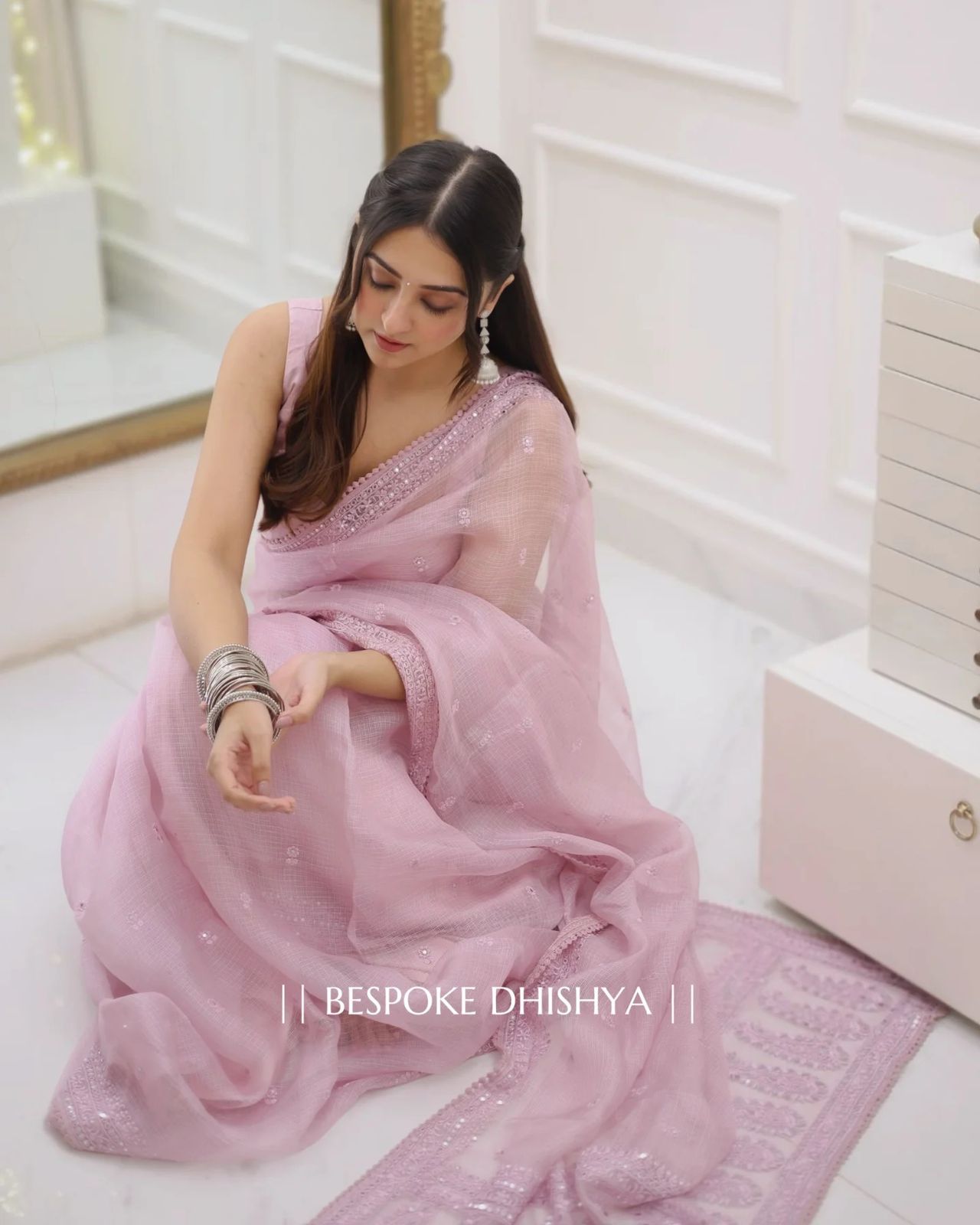Light Pink  Heavy Kota Chex Sequins Saree