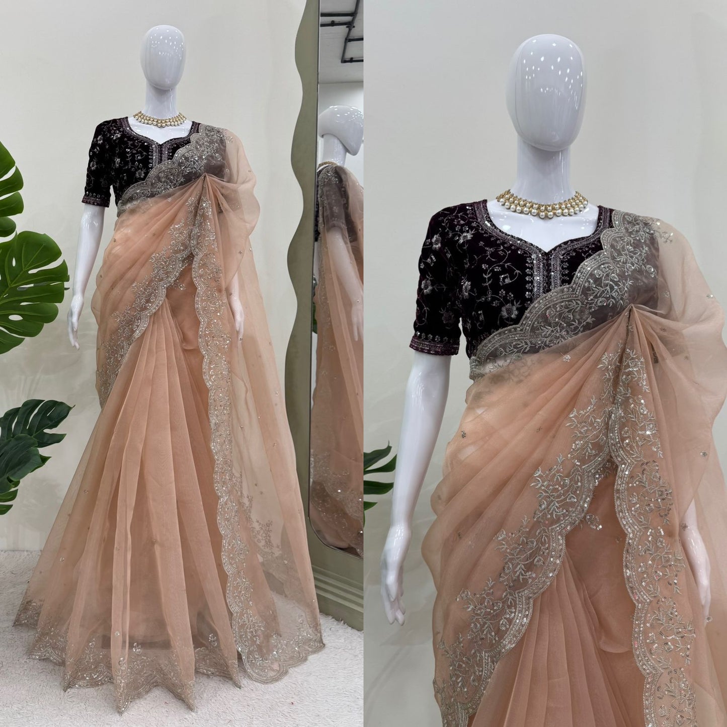 Peach color Organza Silk Thread with Sequins Work Saree