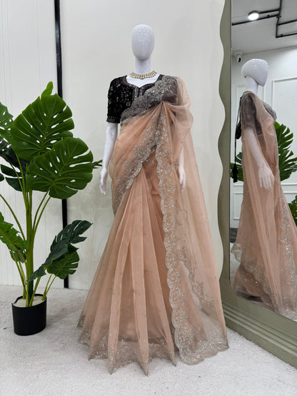 Peach color Organza Silk Thread with Sequins Work Saree