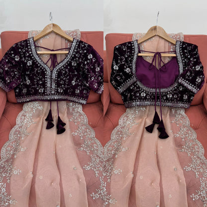 Peach color Organza Silk Thread with Sequins Work Saree