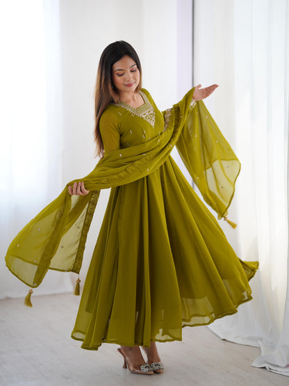 MahendiGreen Soft Fox Georgette With Fancy Embroidery 3pc Kurta Set