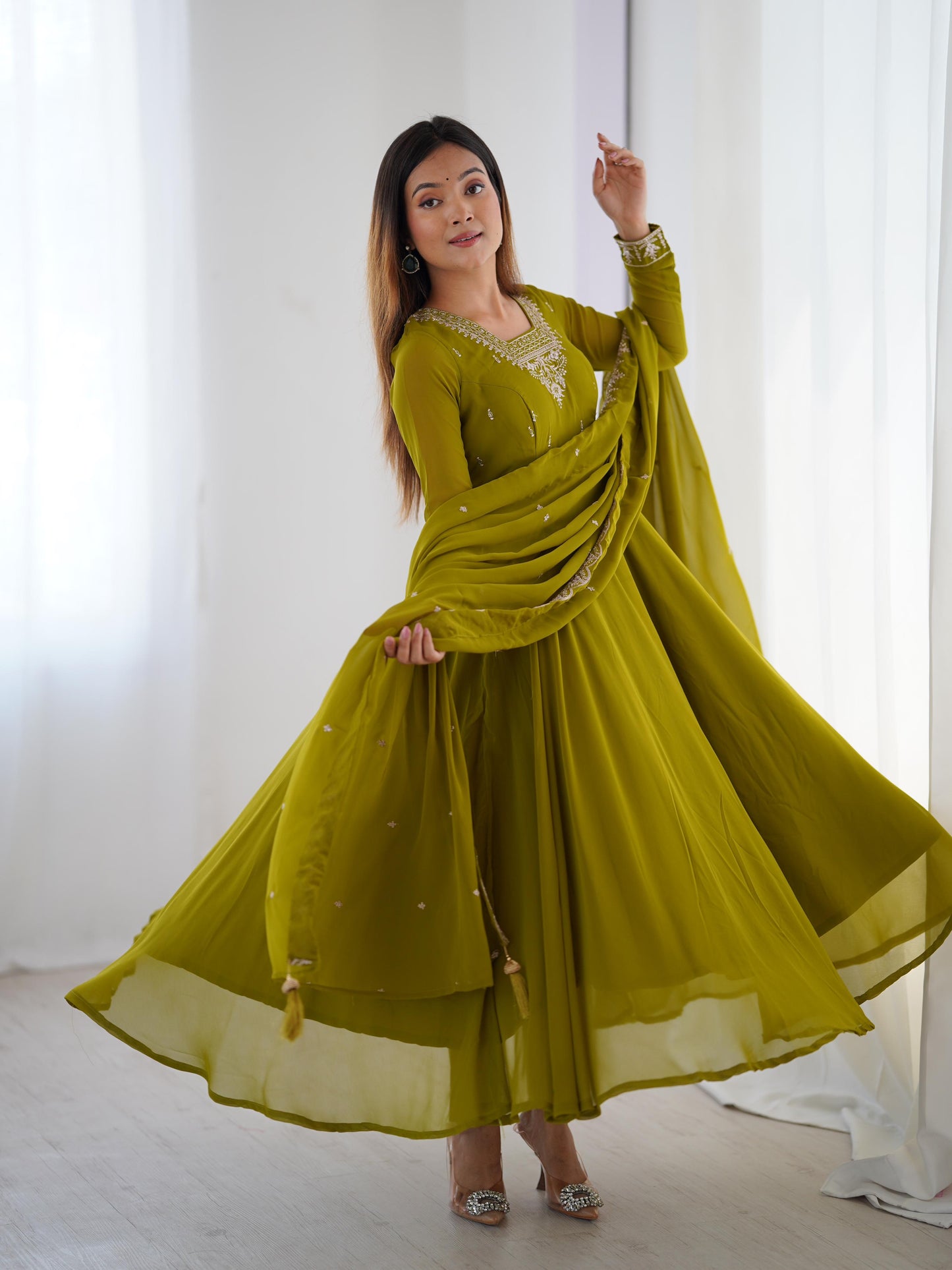 MahendiGreen Soft Fox Georgette With Fancy Embroidery 3pc Kurta Set