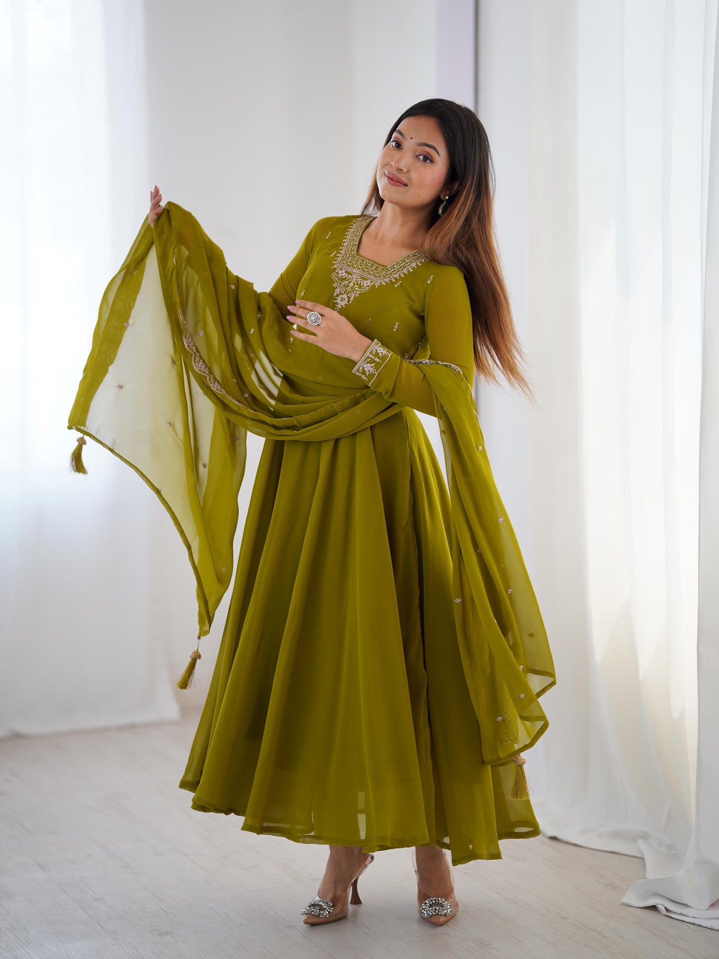 MahendiGreen Soft Fox Georgette With Fancy Embroidery 3pc Kurta Set