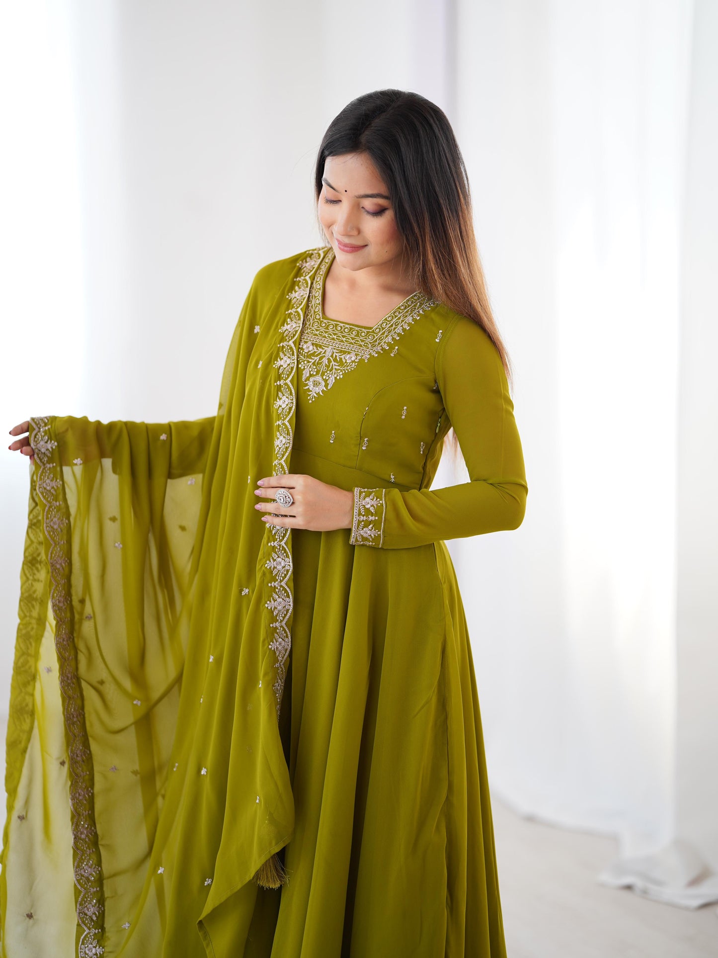 MahendiGreen Soft Fox Georgette With Fancy Embroidery 3pc Kurta Set