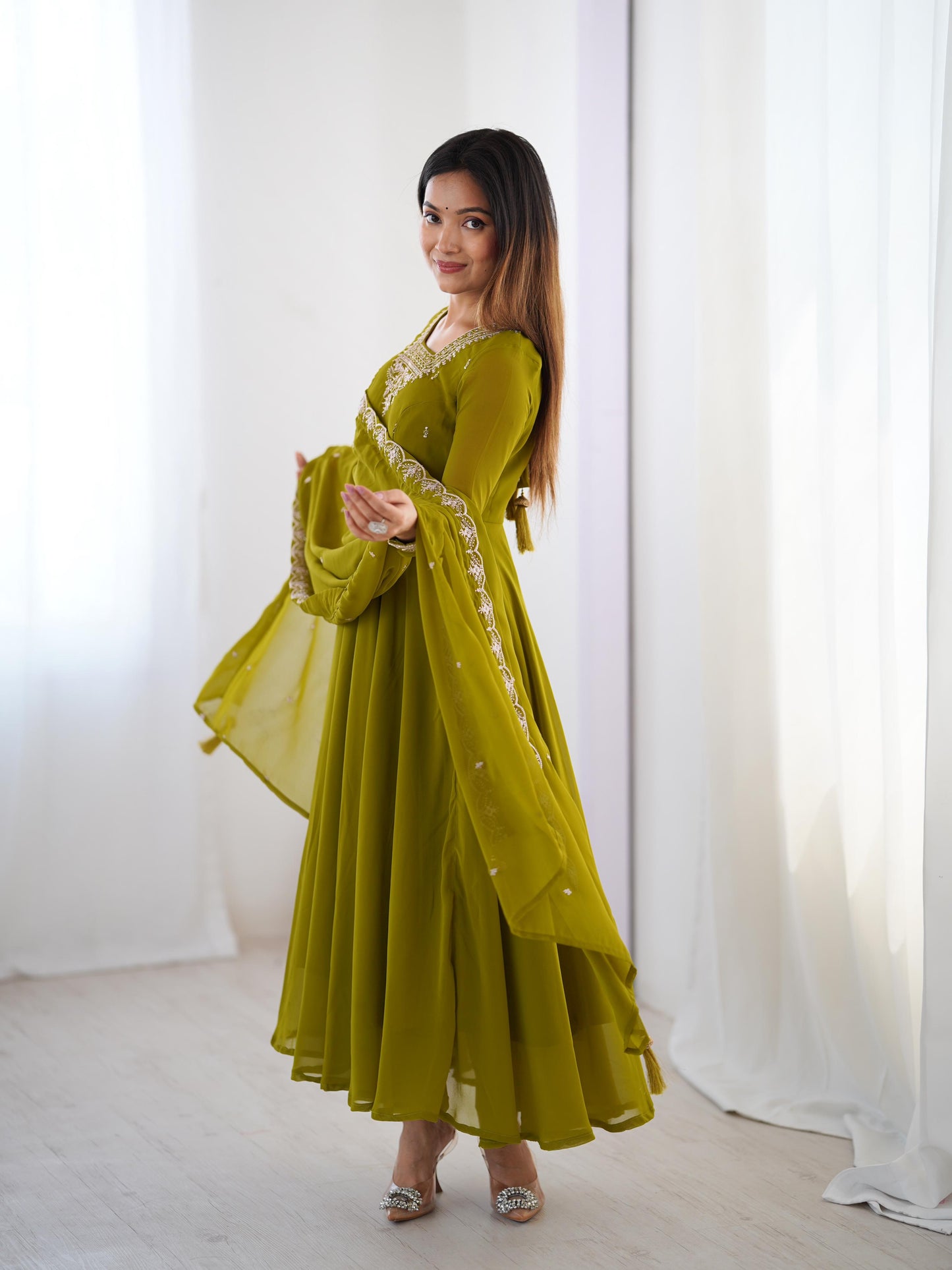MahendiGreen Soft Fox Georgette With Fancy Embroidery 3pc Kurta Set
