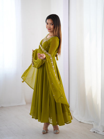MahendiGreen Soft Fox Georgette With Fancy Embroidery 3pc Kurta Set