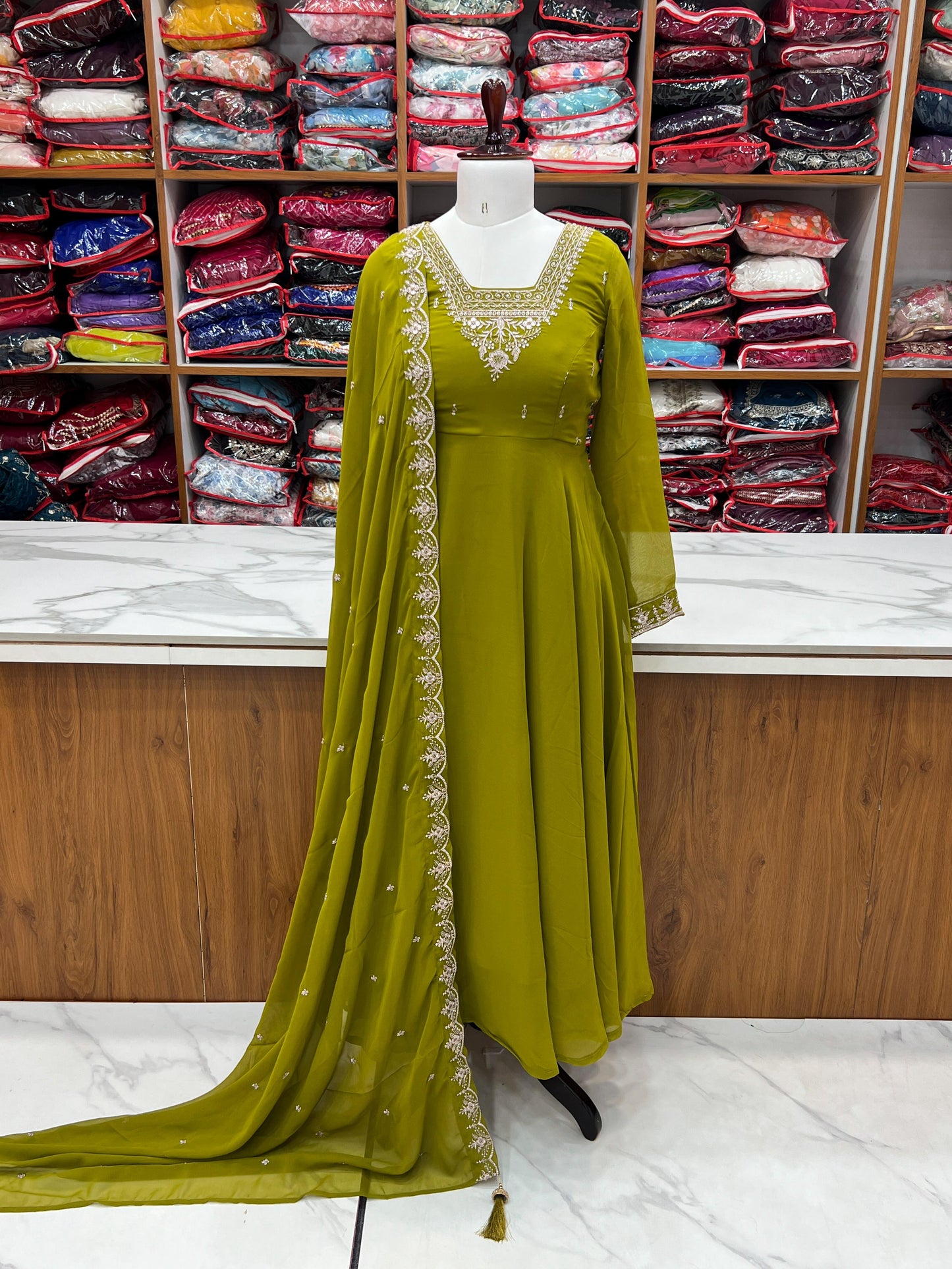 MahendiGreen Soft Fox Georgette With Fancy Embroidery 3pc Kurta Set