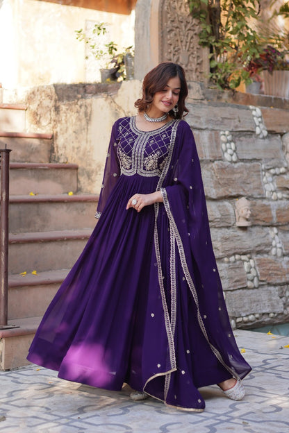 Maroon  Faux Blooming with Beads Embroidered Work Gown With Dupatta