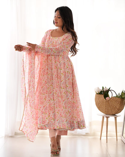 Pink Heavy Orange Chiffon with Floral Print 3pc Kurta Set