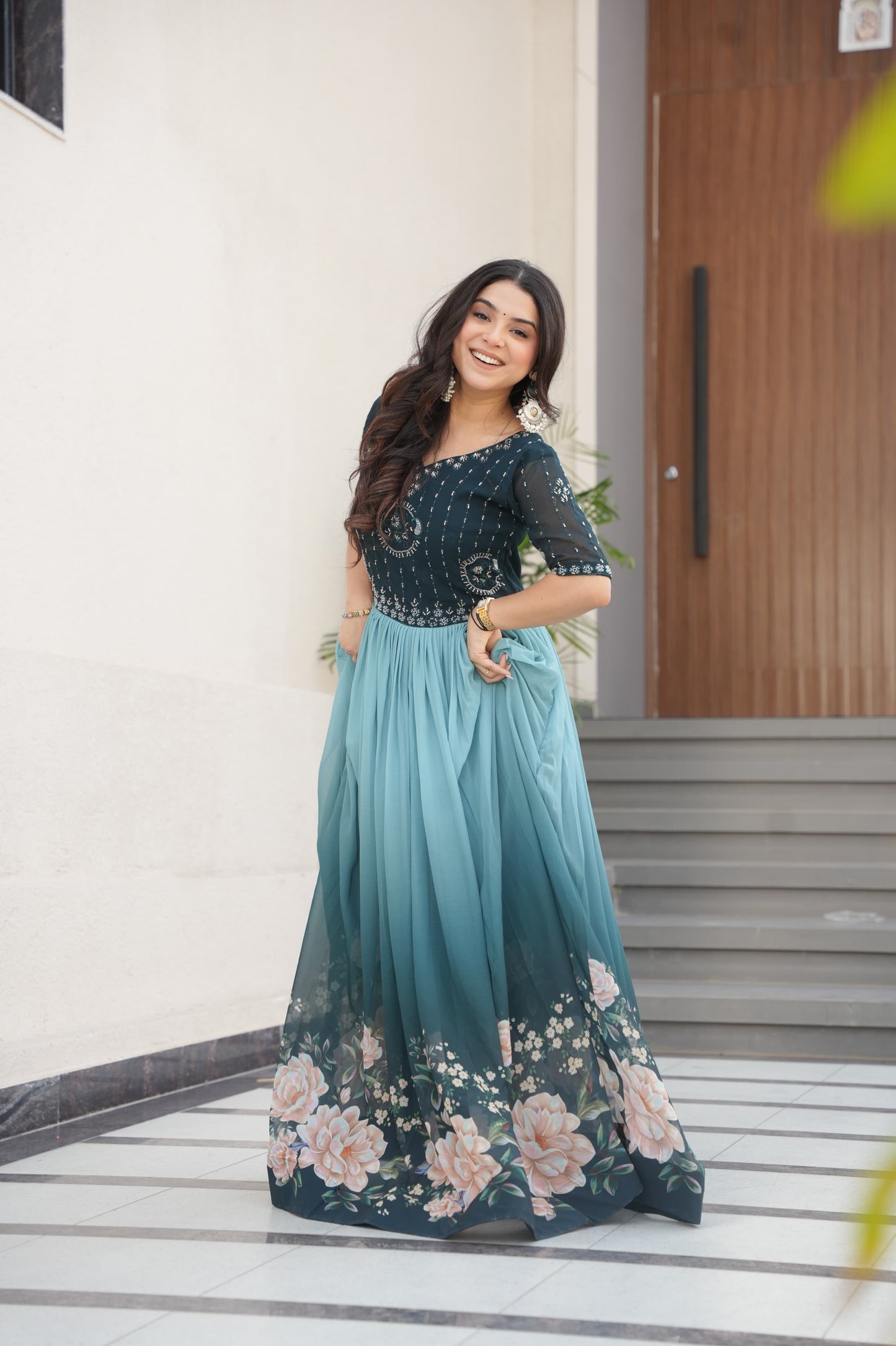 Rama Beads Embroidery With Floral Digital Print Gown