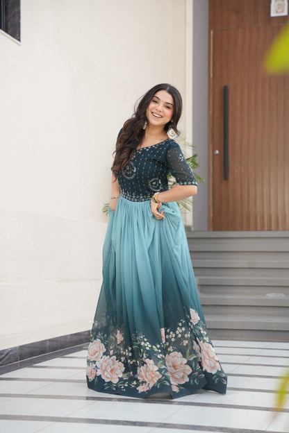 Rama Beads Embroidery With Floral Digital Print Gown