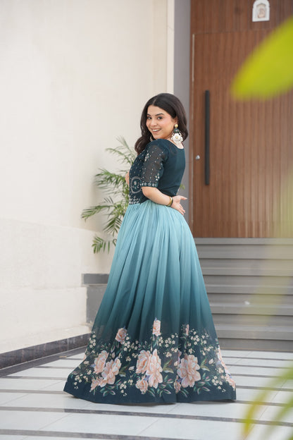 Rama Beads Embroidery With Floral Digital Print Gown