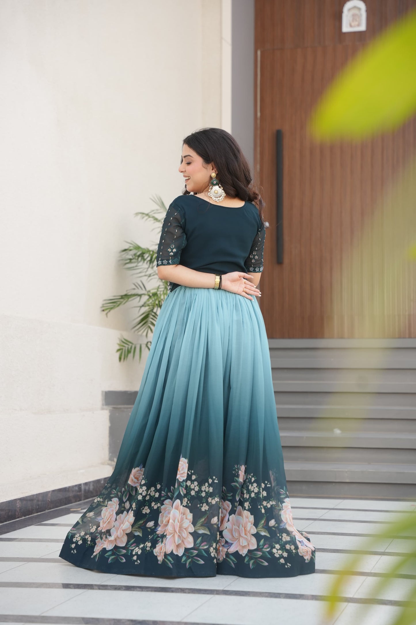 Rama Beads Embroidery With Floral Digital Print Gown